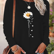 Chic Daisy Print Long Sleeve T-Shirt for Women - Casual Crew Neck, Soft Polyester, Machine Washable - Perfect for Fall & Winter