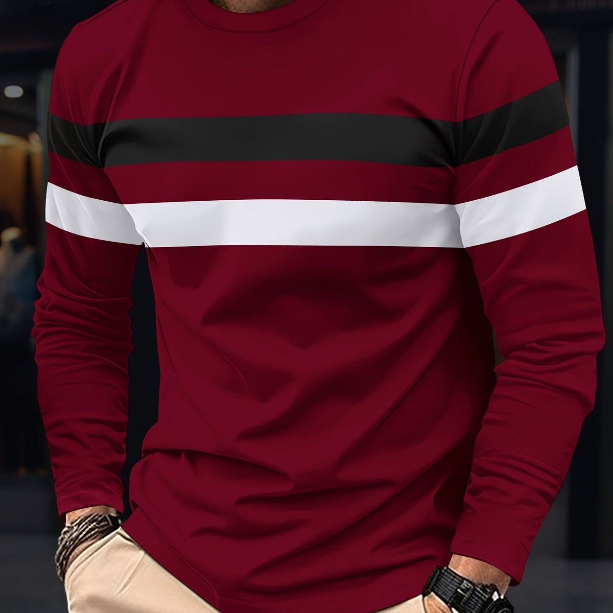 Men's Striped Color Blocking Sweatshirt, Casual Trendy Long Sleeve Sports Pullover As Gift