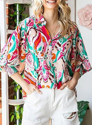 Women's Long-sleeved Printed Top Lapel