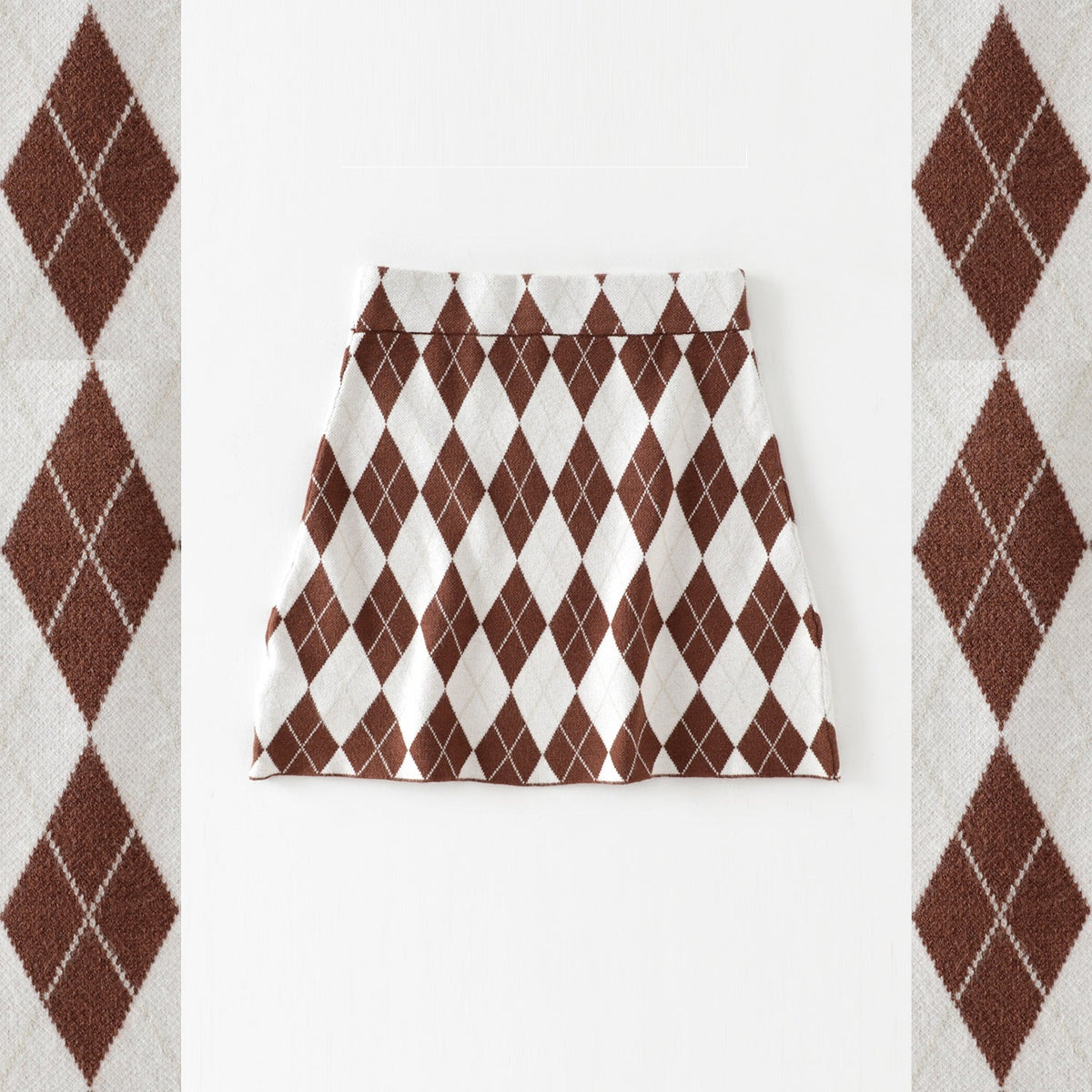 High Waist Slim-fit Slimming Rhombic Woolen Knitted A- Line Skirt
