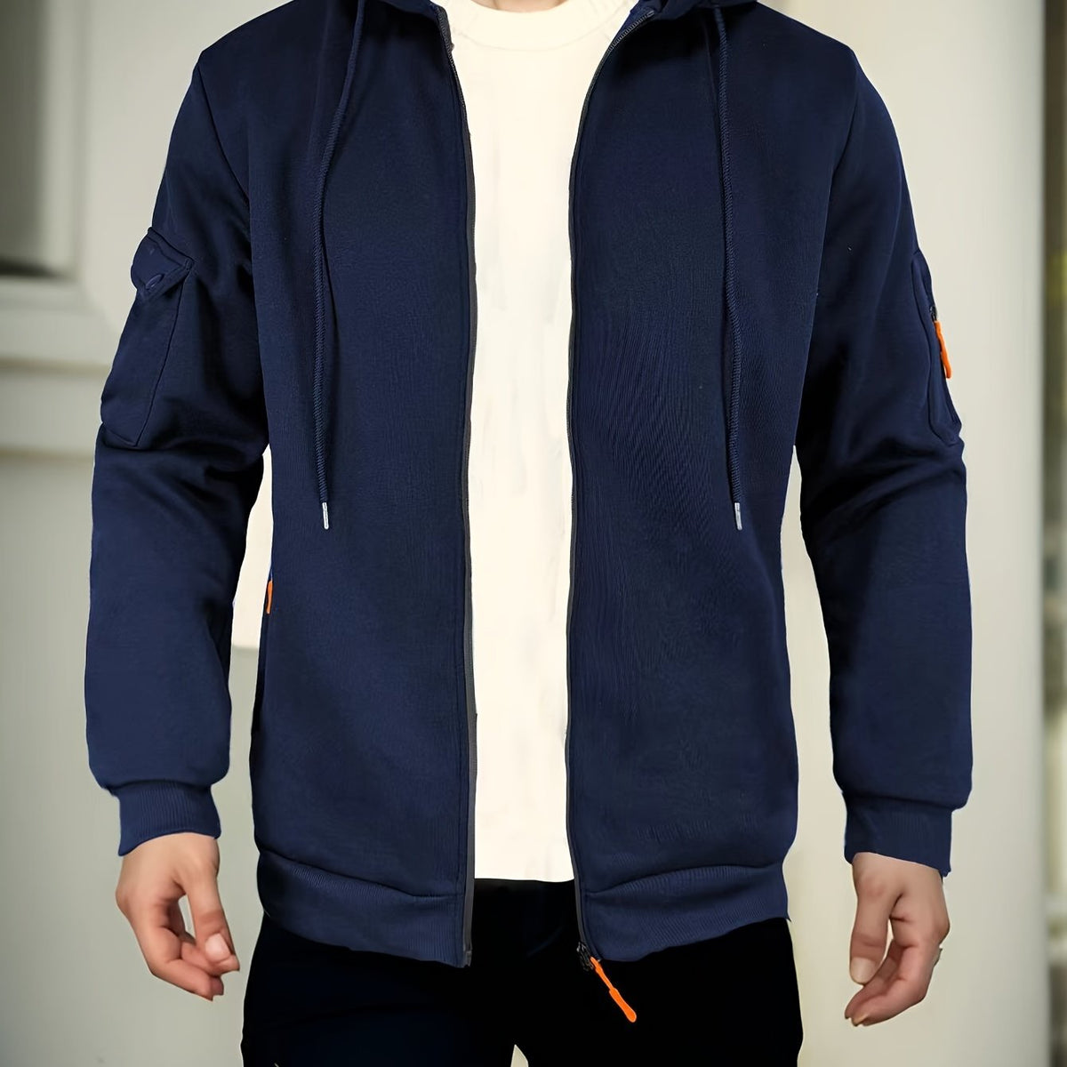 Men's Regular Fit Hoodie with Zip Pockets - Black, Polyester Blend, Long Sleeve, Casual Style