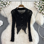 French Retro Sexy See-through Long Sleeves Irregular Short Dovetail Shirt