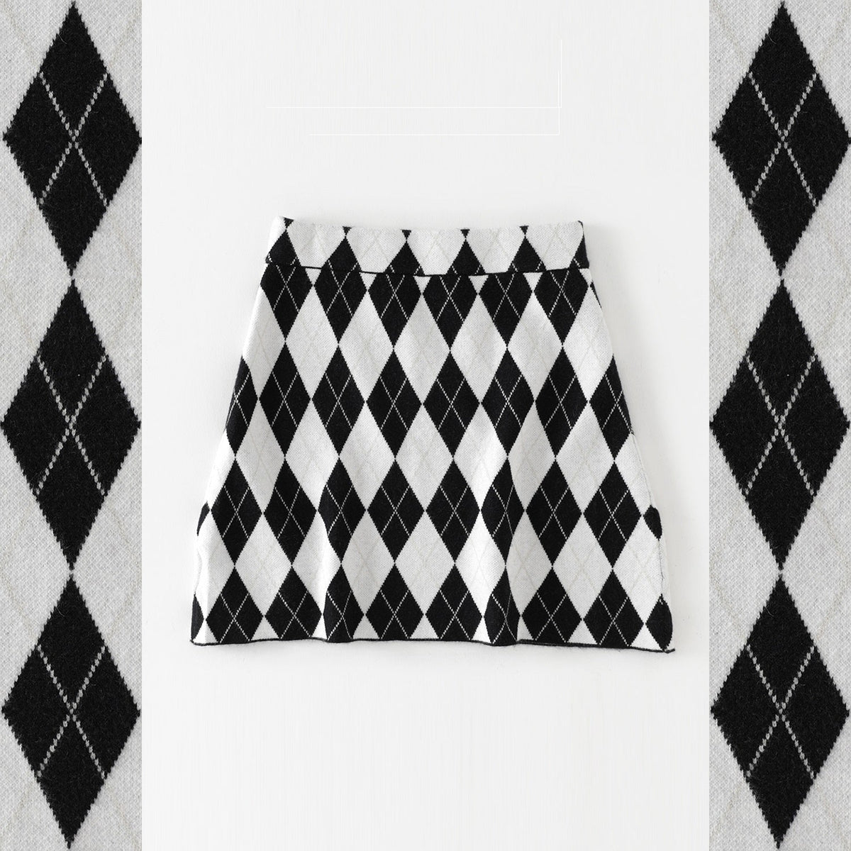 High Waist Slim-fit Slimming Rhombic Woolen Knitted A- Line Skirt