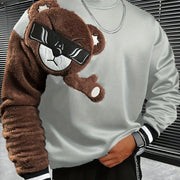 1pc Men'S Casual Cartoon Bear Embroidery Sweatshirt, Polyester Knit Pullover with Round Neck and Regular Fit