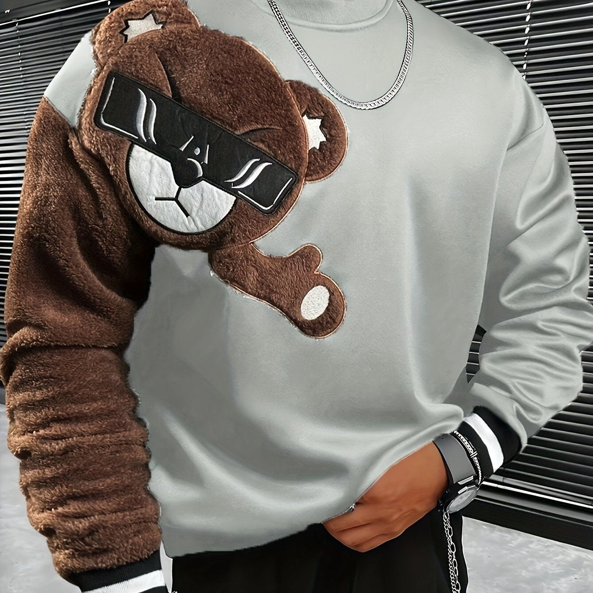 1pc Men'S Casual Cartoon Bear Embroidery Sweatshirt, Polyester Knit Pullover with Round Neck and Regular Fit