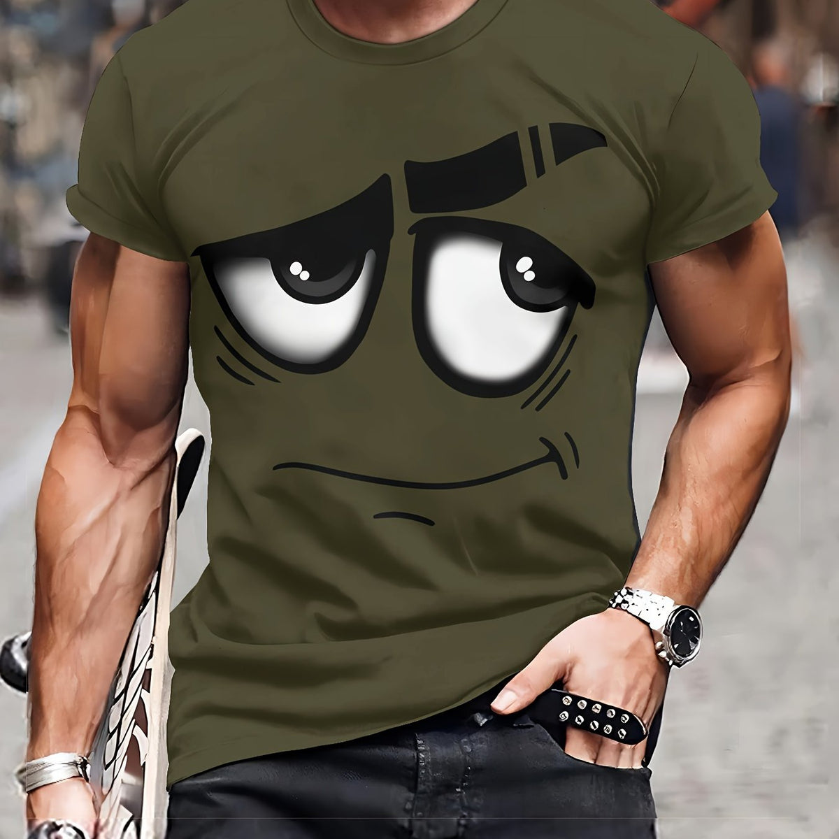 Men's 3D Novelty Graphic Tee - Casual Polyester Crew Neck T-Shirt, Machine Washable