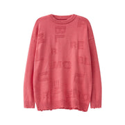 Street Fashion Letter Jacquard Round Neck Ripped Sweater