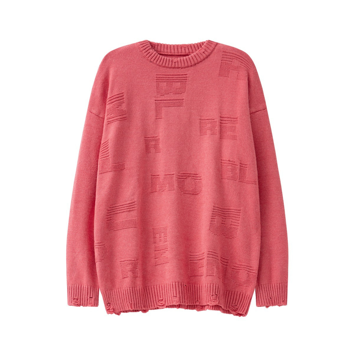 Street Fashion Letter Jacquard Round Neck Ripped Sweater
