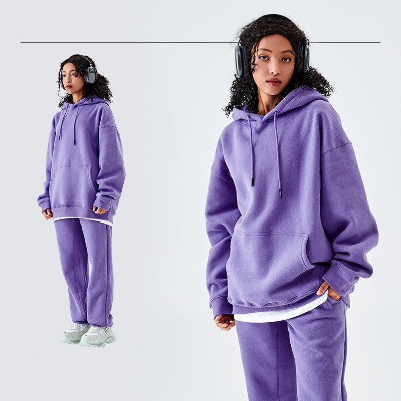Solid Color Fleece-lined G Thick Hooded Sweater