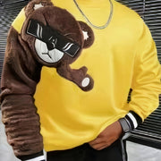 1pc Men'S Casual Cartoon Bear Embroidery Sweatshirt, Polyester Knit Pullover with Round Neck and Regular Fit