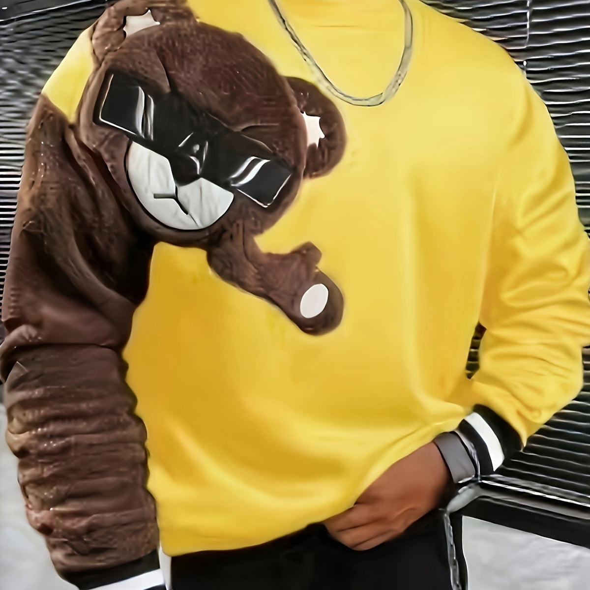 1pc Men'S Casual Cartoon Bear Embroidery Sweatshirt, Polyester Knit Pullover with Round Neck and Regular Fit