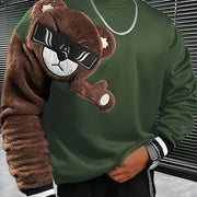1pc Men'S Casual Cartoon Bear Embroidery Sweatshirt, Polyester Knit Pullover with Round Neck and Regular Fit