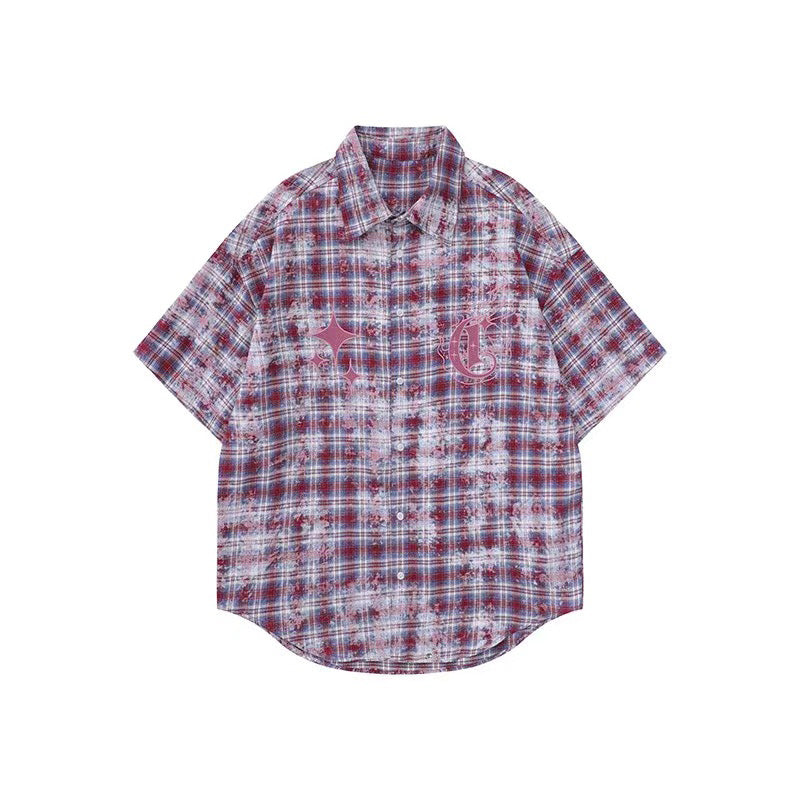 Wear Detachable Cuff Tie-dye American Street Blue Plaid Shirt Coat