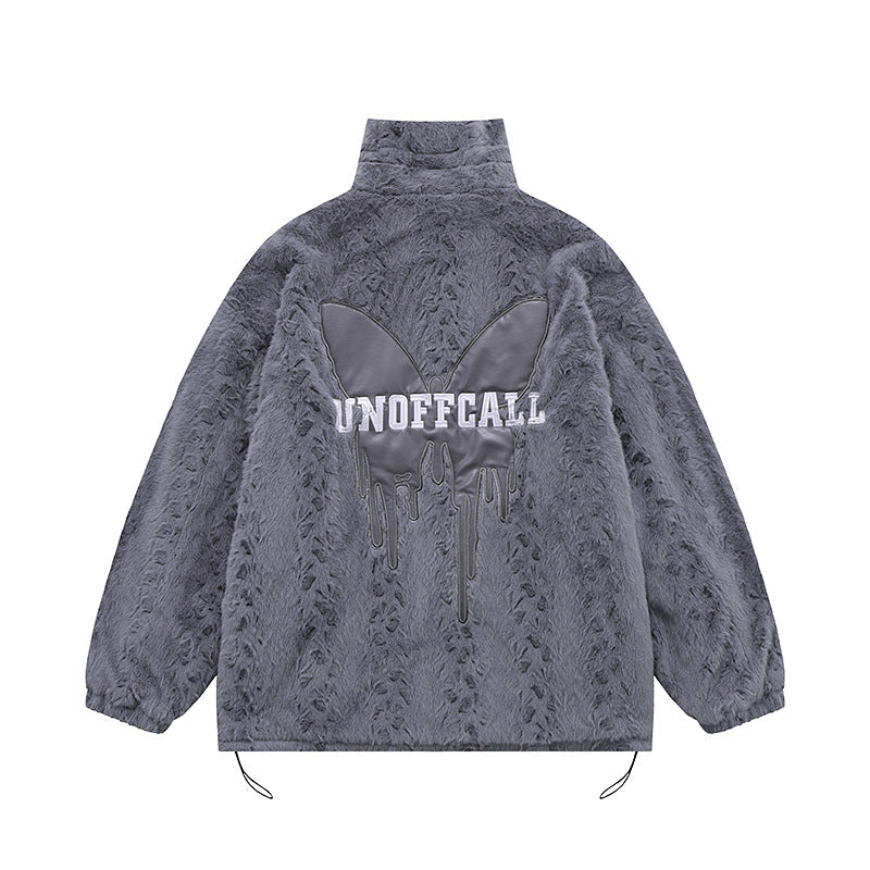 Butterfly Paste Cloth Embroidery Plus Double-sided Plush Stand Collar Coat