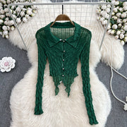 French Retro Sexy See-through Long Sleeves Irregular Short Dovetail Shirt