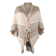 Women's Knitted Cape And Shawl Tassel Hem Color Matching Sweater