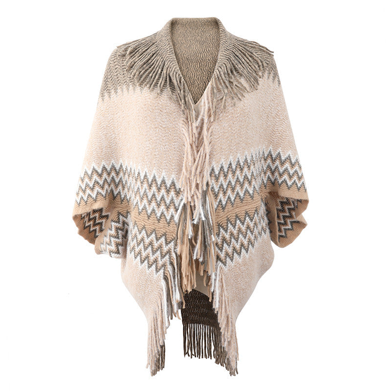 Women's Knitted Cape And Shawl Tassel Hem Color Matching Sweater