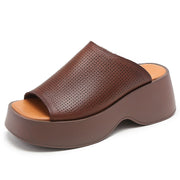 Retro Handmade First Layer Cowhide High-end Breathable Hollow-out Platform Fish Mouth Casual Slippers