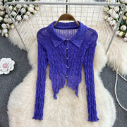 French Retro Sexy See-through Long Sleeves Irregular Short Dovetail Shirt