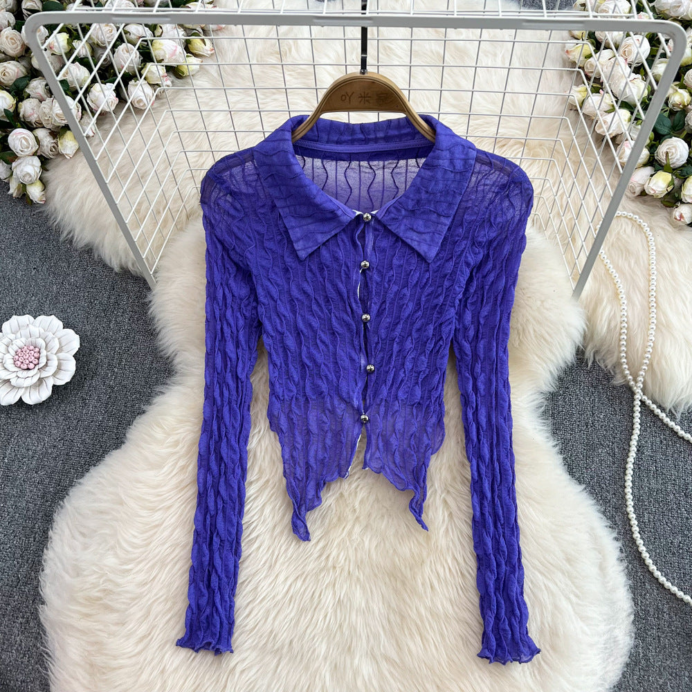 French Retro Sexy See-through Long Sleeves Irregular Short Dovetail Shirt