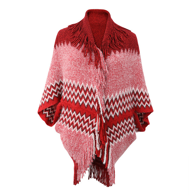 Women's Knitted Cape And Shawl Tassel Hem Color Matching Sweater