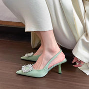 Pointed-toe Square Buckle Rhinestone High-heeled Sandals