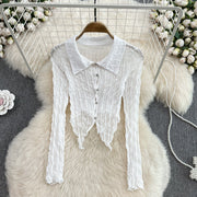 French Retro Sexy See-through Long Sleeves Irregular Short Dovetail Shirt