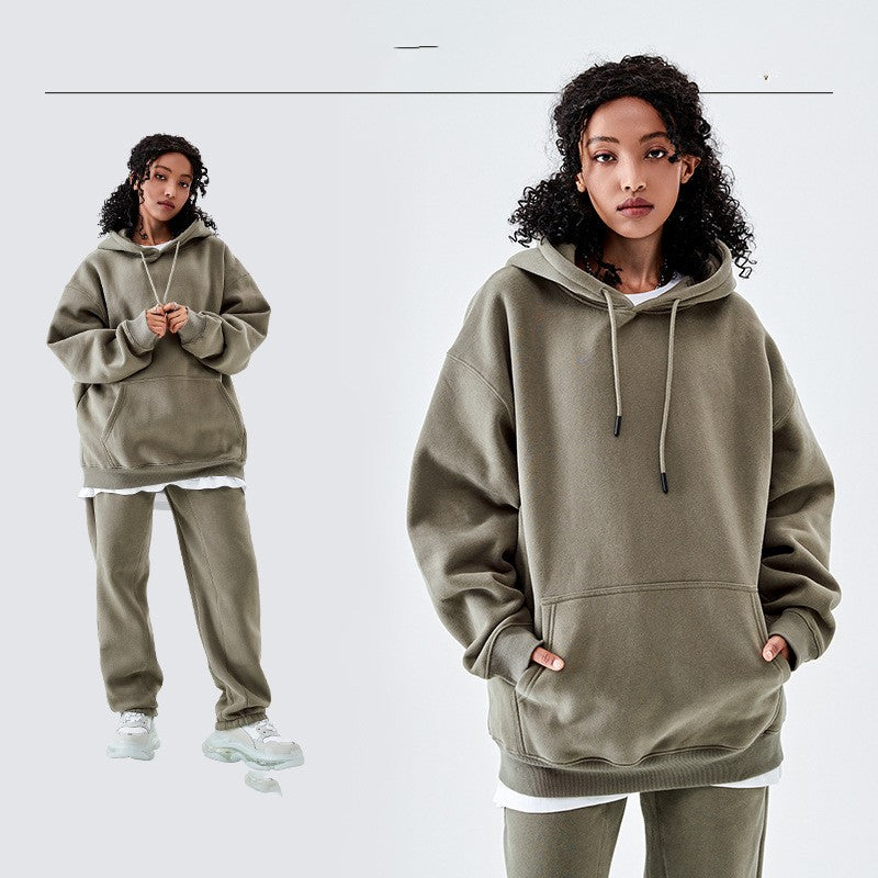 Solid Color Fleece-lined G Thick Hooded Sweater