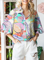 Women's Long-sleeved Printed Top Lapel