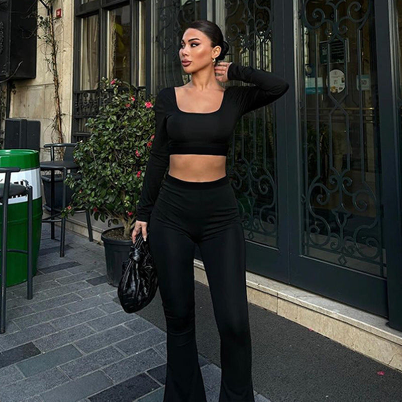Printed Long Sleeve Flared Pants Two-piece Set