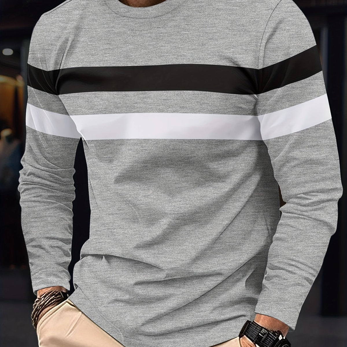 Men's Striped Color Blocking Sweatshirt, Casual Trendy Long Sleeve Sports Pullover As Gift