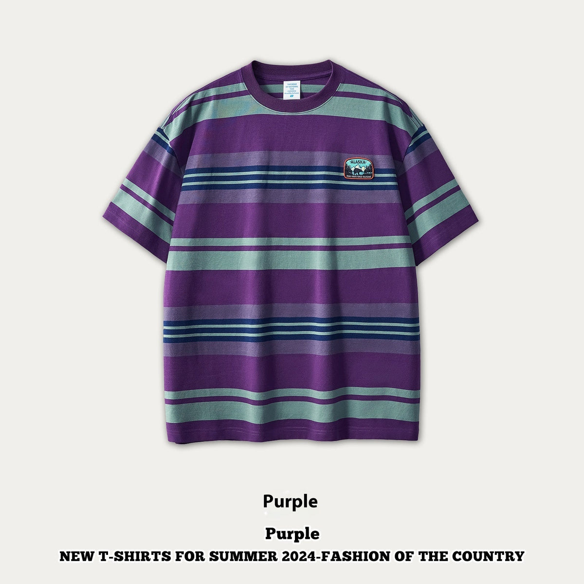 Embroidered Heavy Striped Cotton Short Sleeve Color Matching Seal