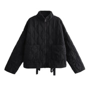 Women's Fashionable Loose Diamond Pattern Round Neck Loose Cotton Coat