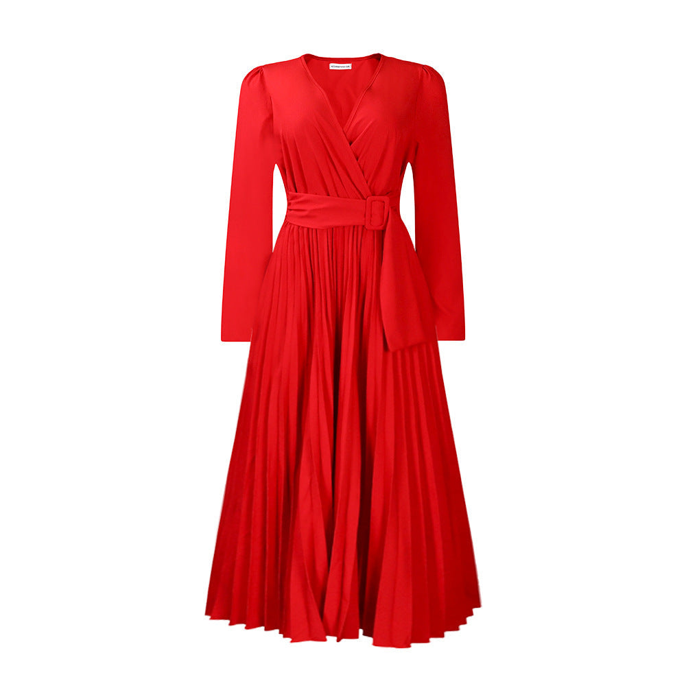 Long Sleeve Lace-up Solid Color And V-neck Slim-fit Pleated Plus Size Africa Dress