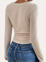 Solid Color Ribbed Long Sleeve T-shirt, Elegant V Neck Top For Spring & Fall, Women's Clothing