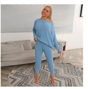 Solid Color Striped Off-the-shoulder Casual Street Style Loose Two-piece Suit