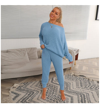 Solid Color Striped Off-the-shoulder Casual Street Style Loose Two-piece Suit