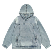 Washed Distressed Stitching Hooded Pullover Denim Hoodie