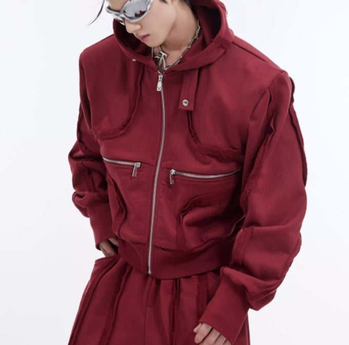 Deconstruct 3D Do Old Short Padded Shoulder Hoodie Red Tracksuit Jacket