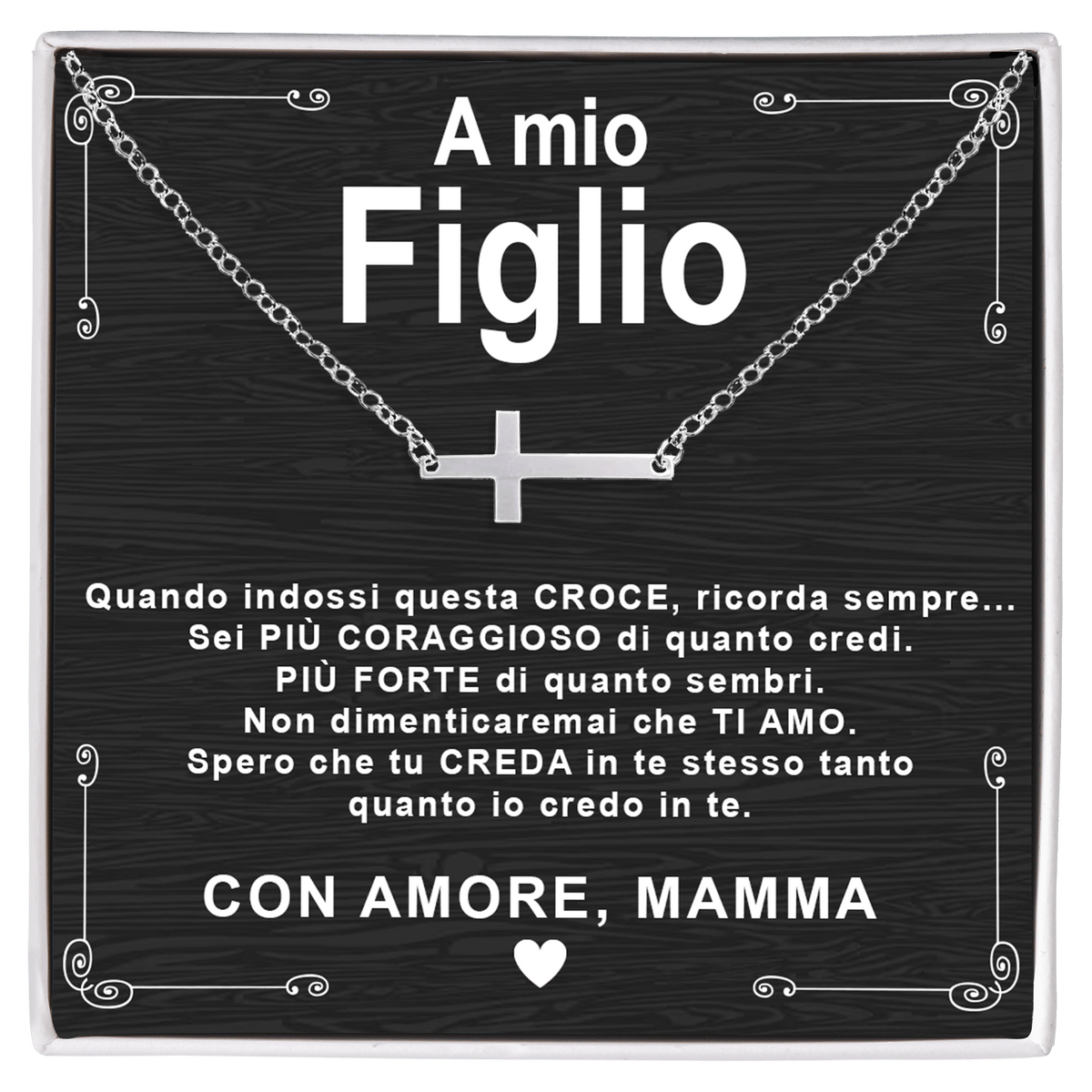 Collana Croce orizzontale - A Mio Figlio, con Amore Mamma.