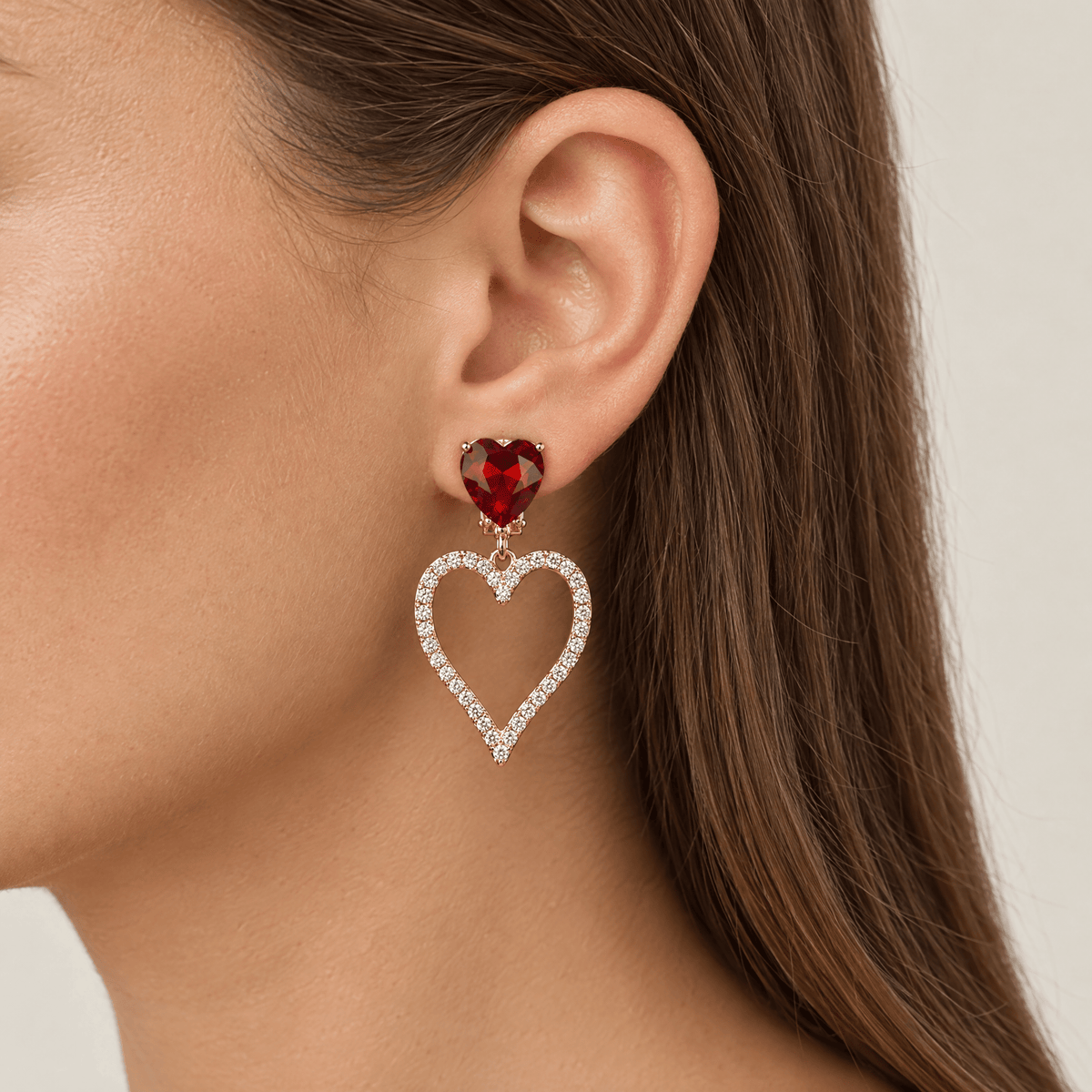 Rubina Orecchini a Cuore con Cristallo Rosso